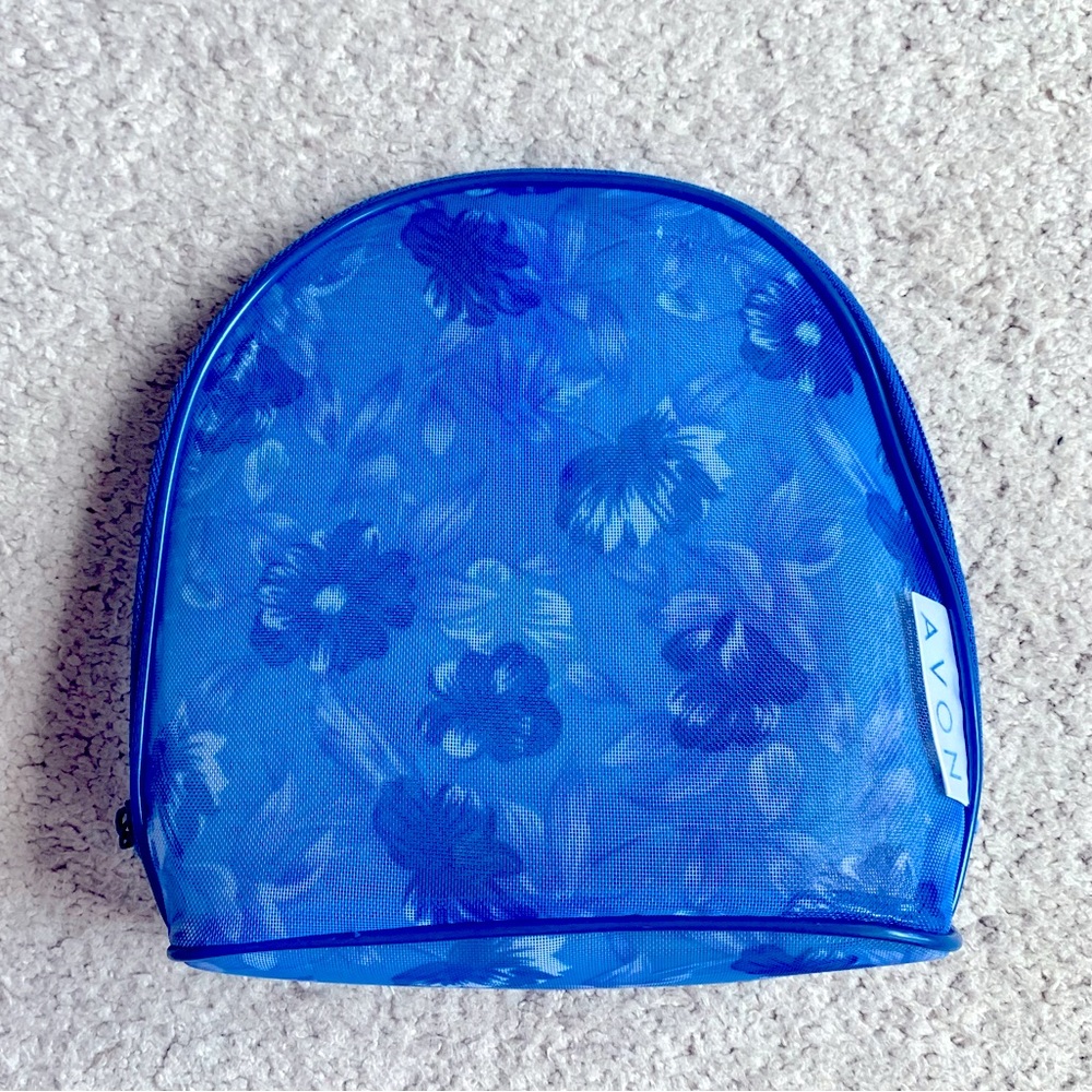 Avon Blue Floral Mesh Makeup Cosmetics Bag Case Pouch